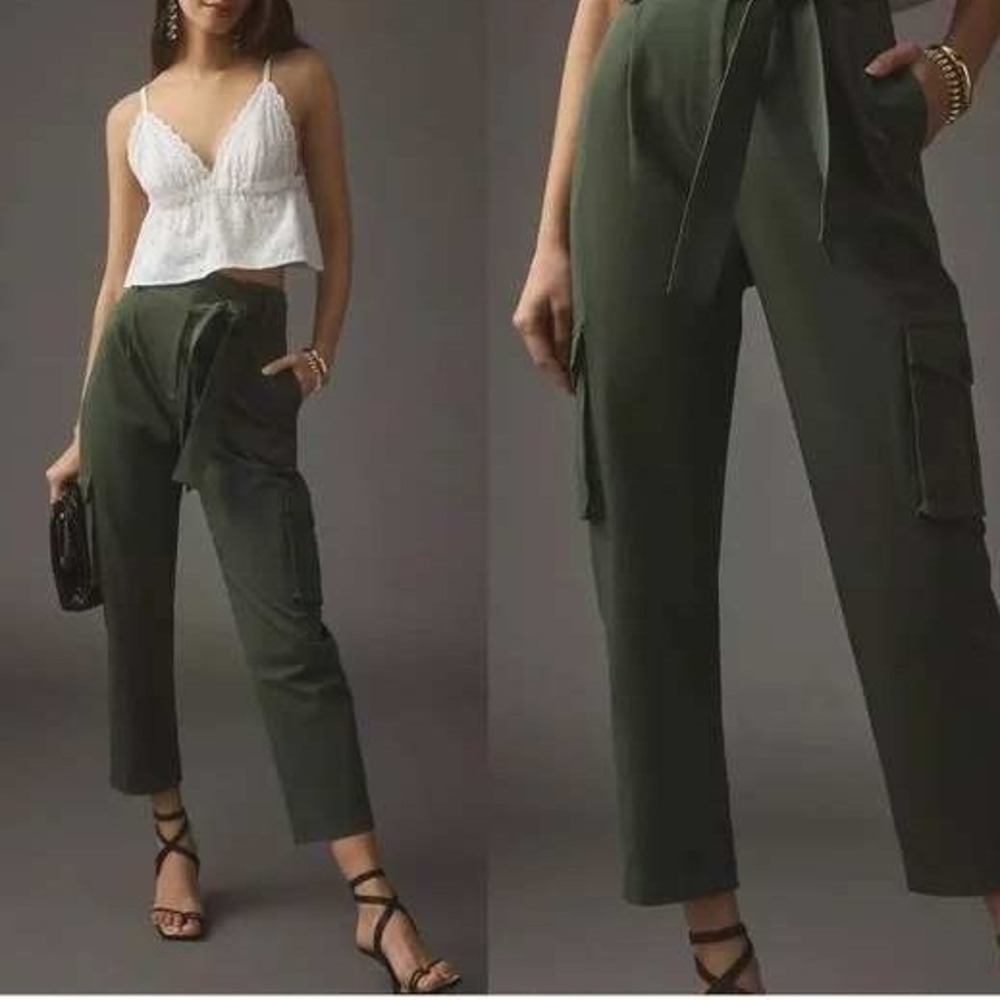 Exquise Cargo Pants Women Size S Olive Green High Waist Paperbag Belted Tapered